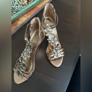 Vince Camuto Elegant Gold Strappy Wedge-heel Sandals with Crystal Embellishments